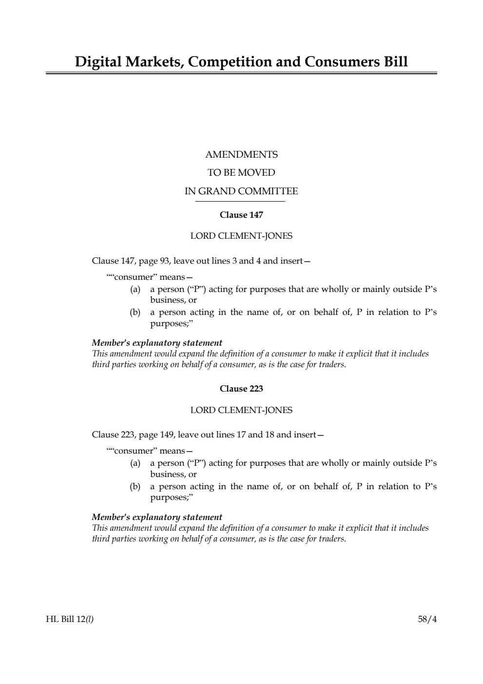 Digital Markets, Competition and Consumers Bill Amendments to be moved in Grand Committee