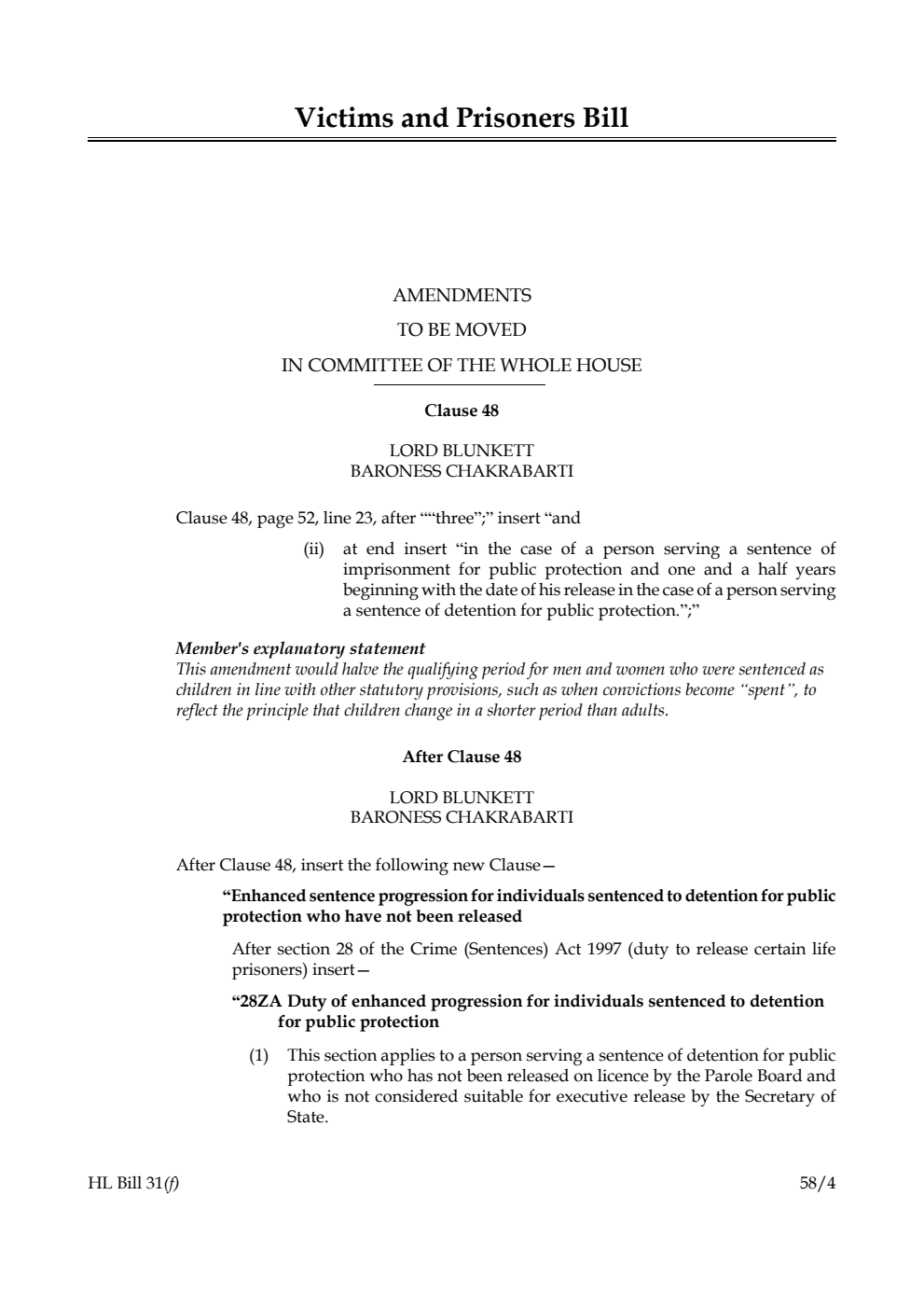 Victims and Prisoners Bill Amendments to be moved in Committee of the Whole House