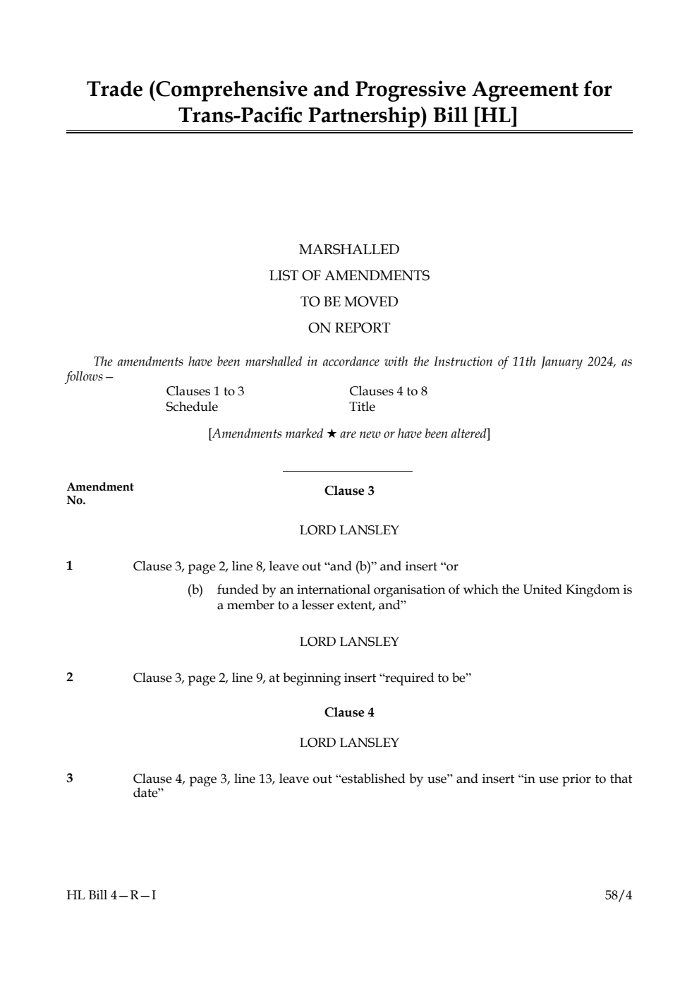 Trade (Comprehensive and Progressive Agreement for Trans-Pacific Partnership) Bill Marshalled List of amendments to be moved on report