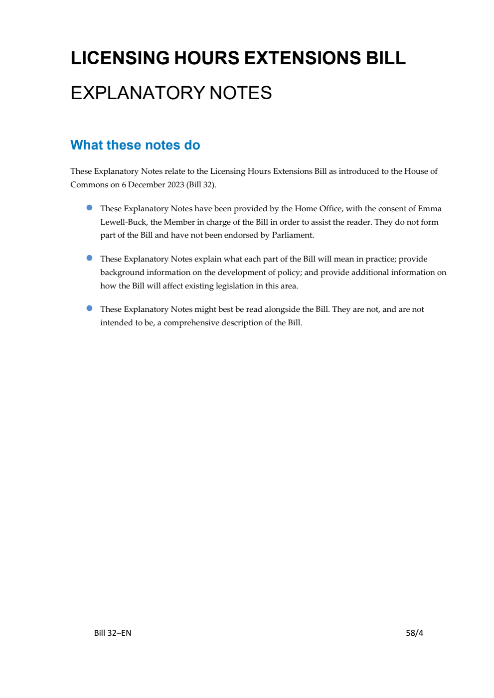 Licensing Hours Extensions Bill Explanatory Notes