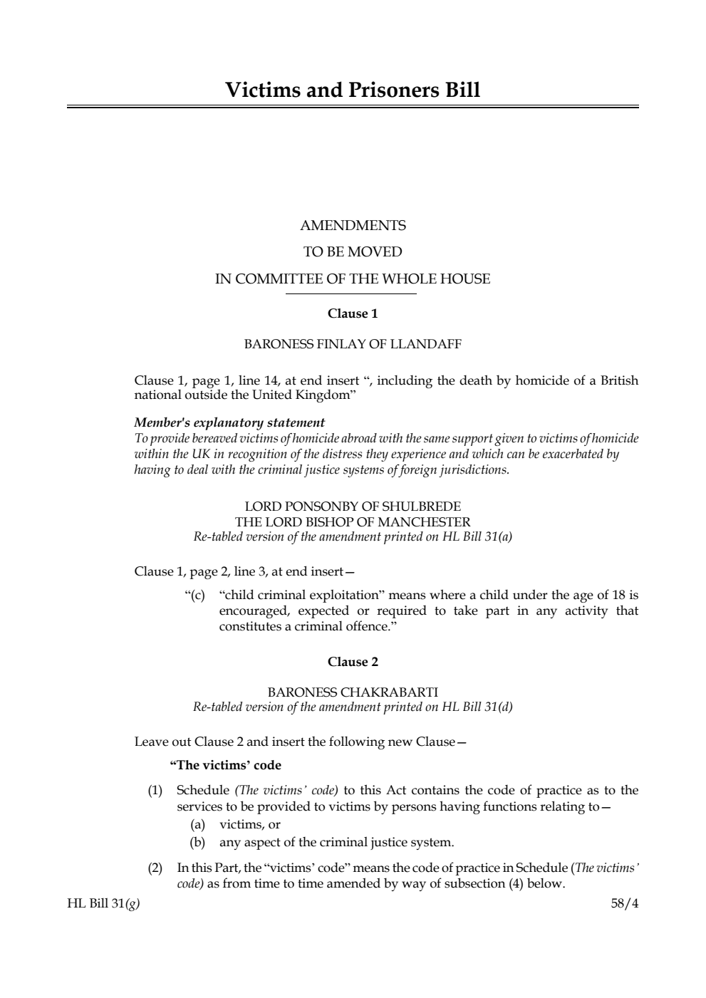 Victims and Prisoners Bill Amendments to be moved in Committee of the Whole House