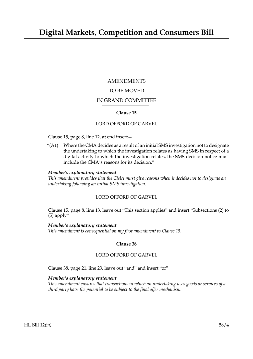 Digital Markets, Competition and Consumers Bill Amendments to be moved in Grand Committee