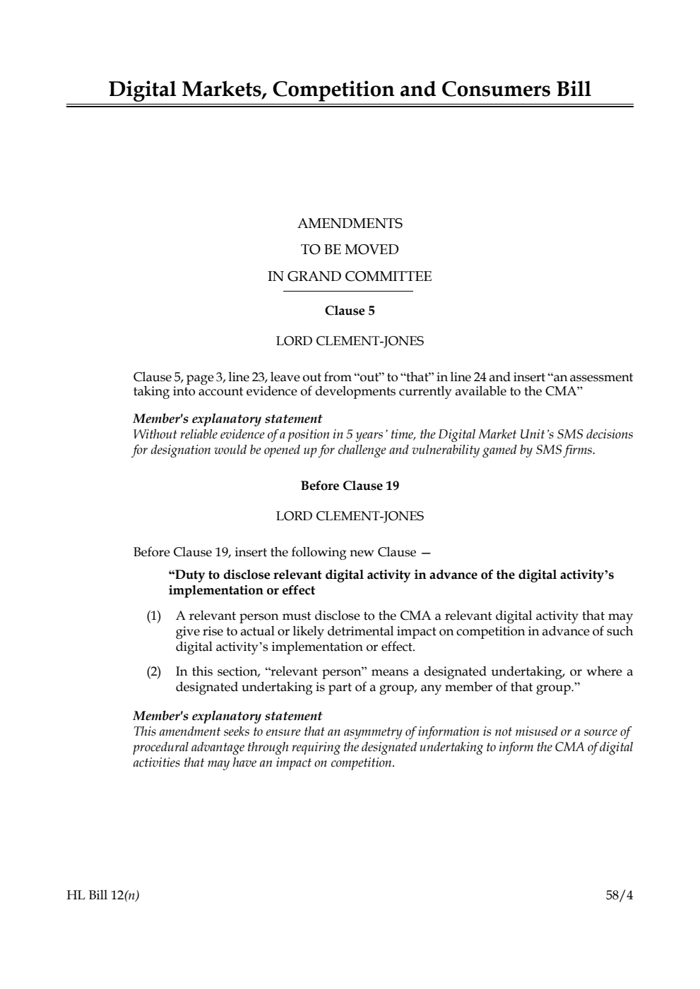 Digital Markets, Competition and Consumers Bill Amendments to be moved in Grand Committee