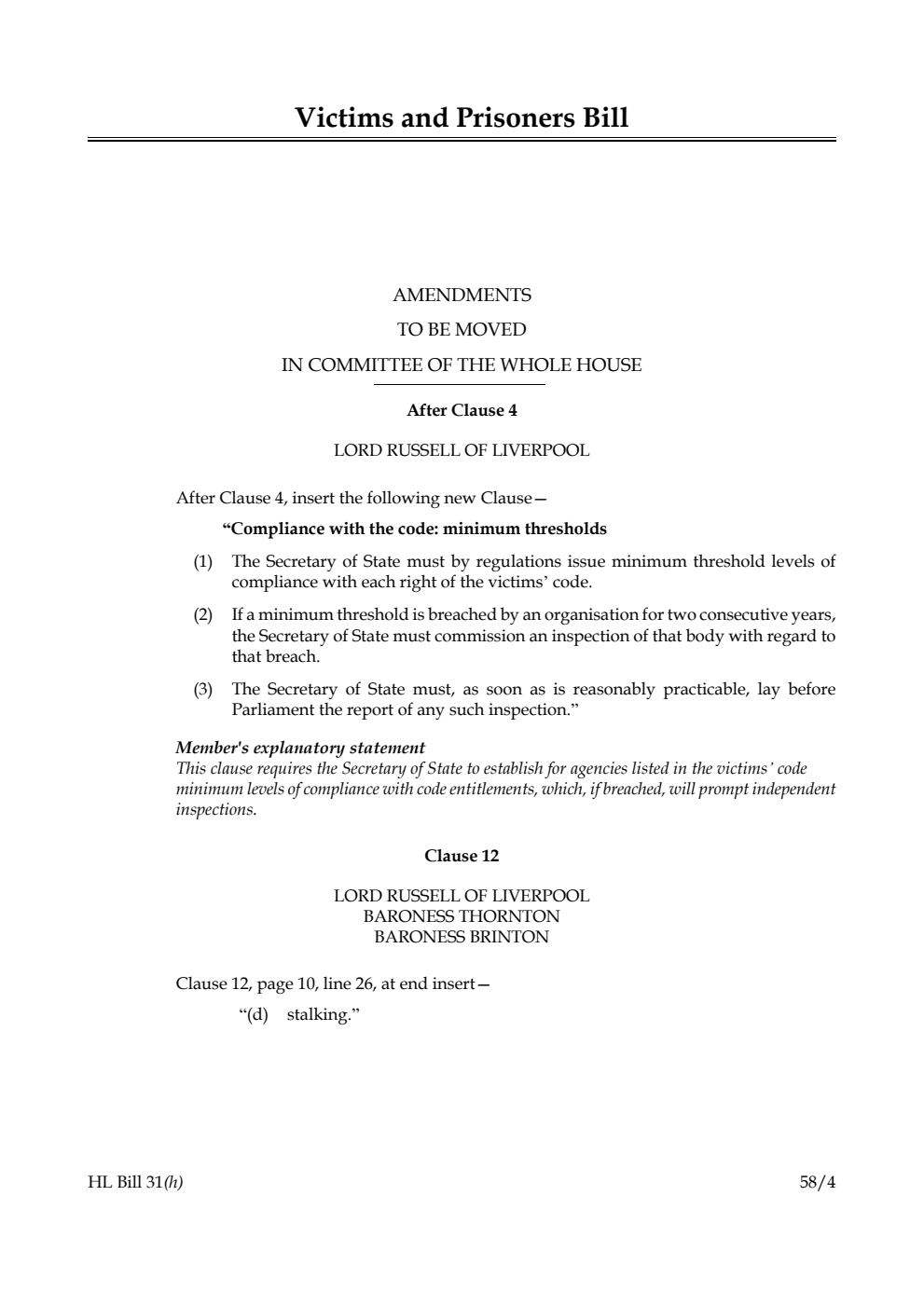 Victims and Prisoners Bill Amendments to be moved in Committee of the Whole House