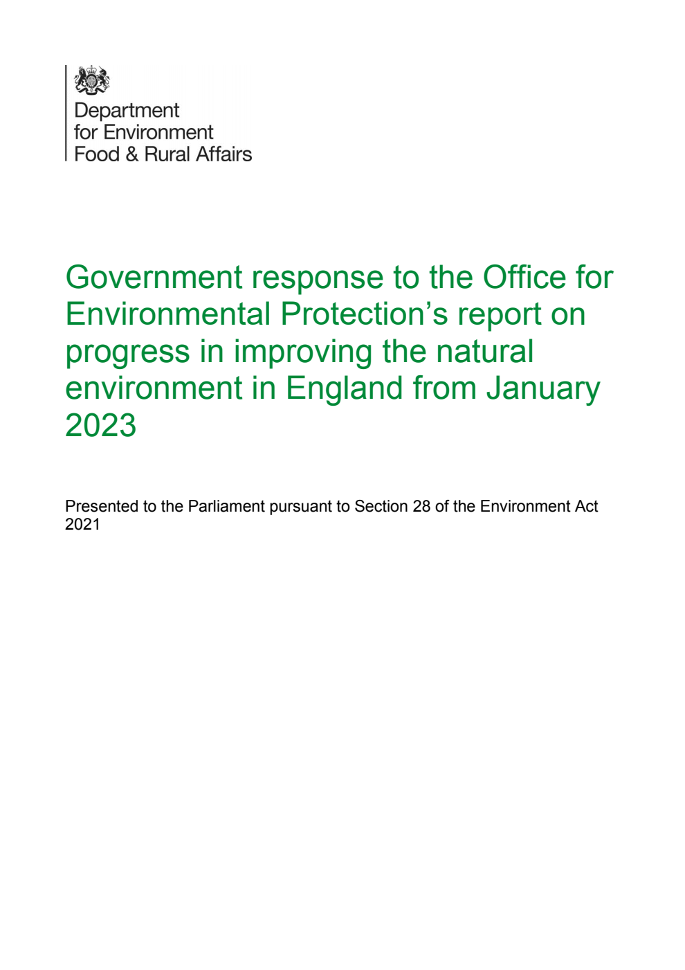 Government response to the Office for Environmental Protection’s report on progress in improving the natural environment in England from January 2023