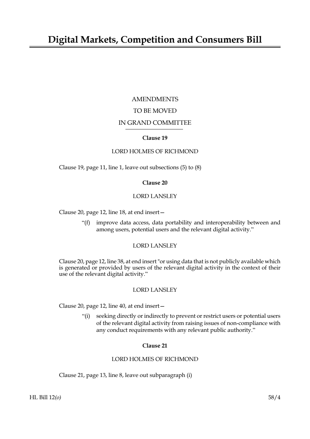 Digital Markets, Competition and Consumers Bill Amendments to be moved in Grand Committee