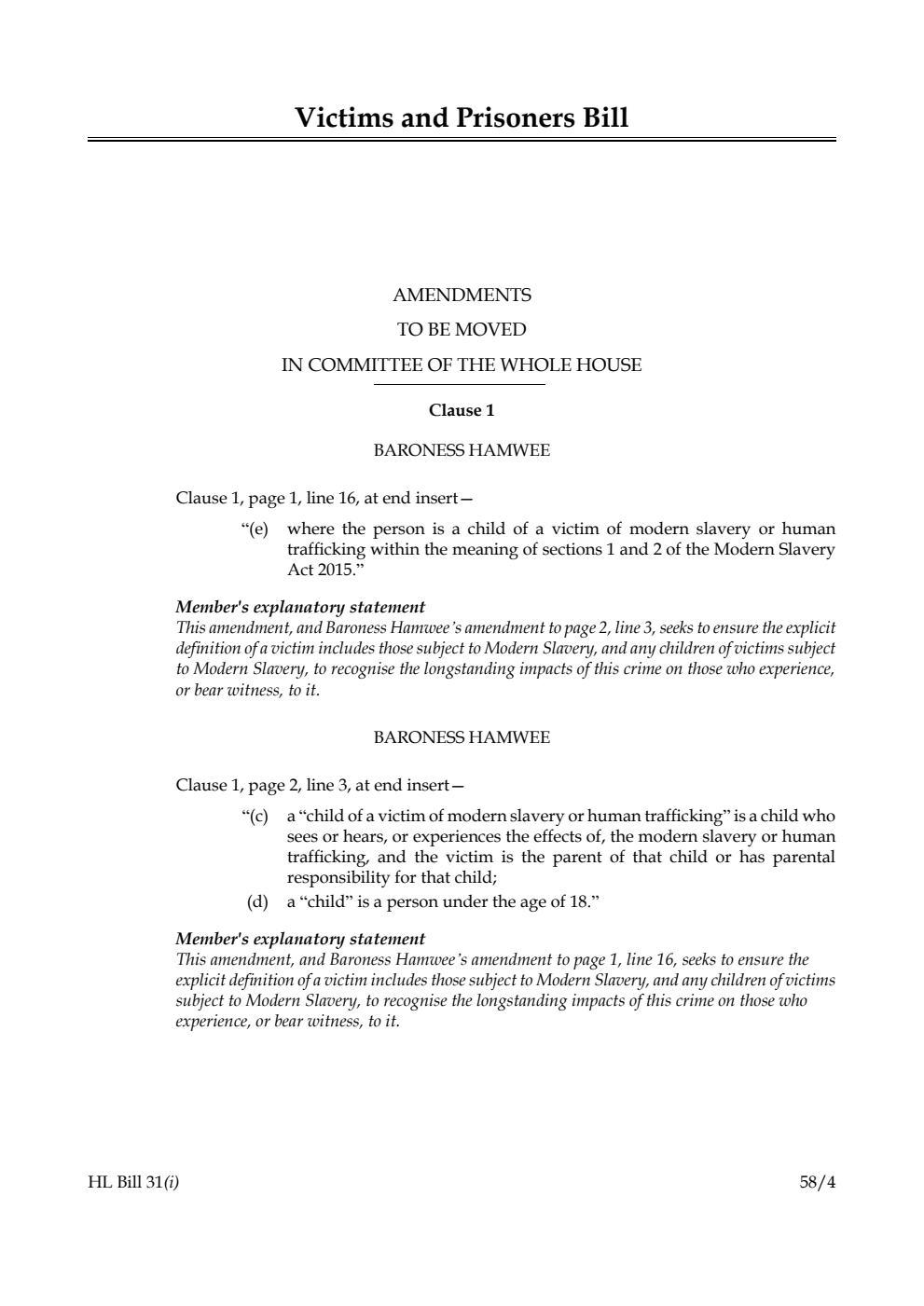 Victims and Prisoners Bill Amendments to be moved in Committee of the Whole House