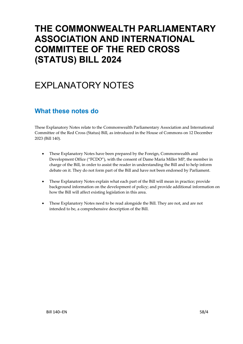 Commonwealth Parliamentary Association and International Committee of the Red Cross (Status) Bill Explanatory Notes
