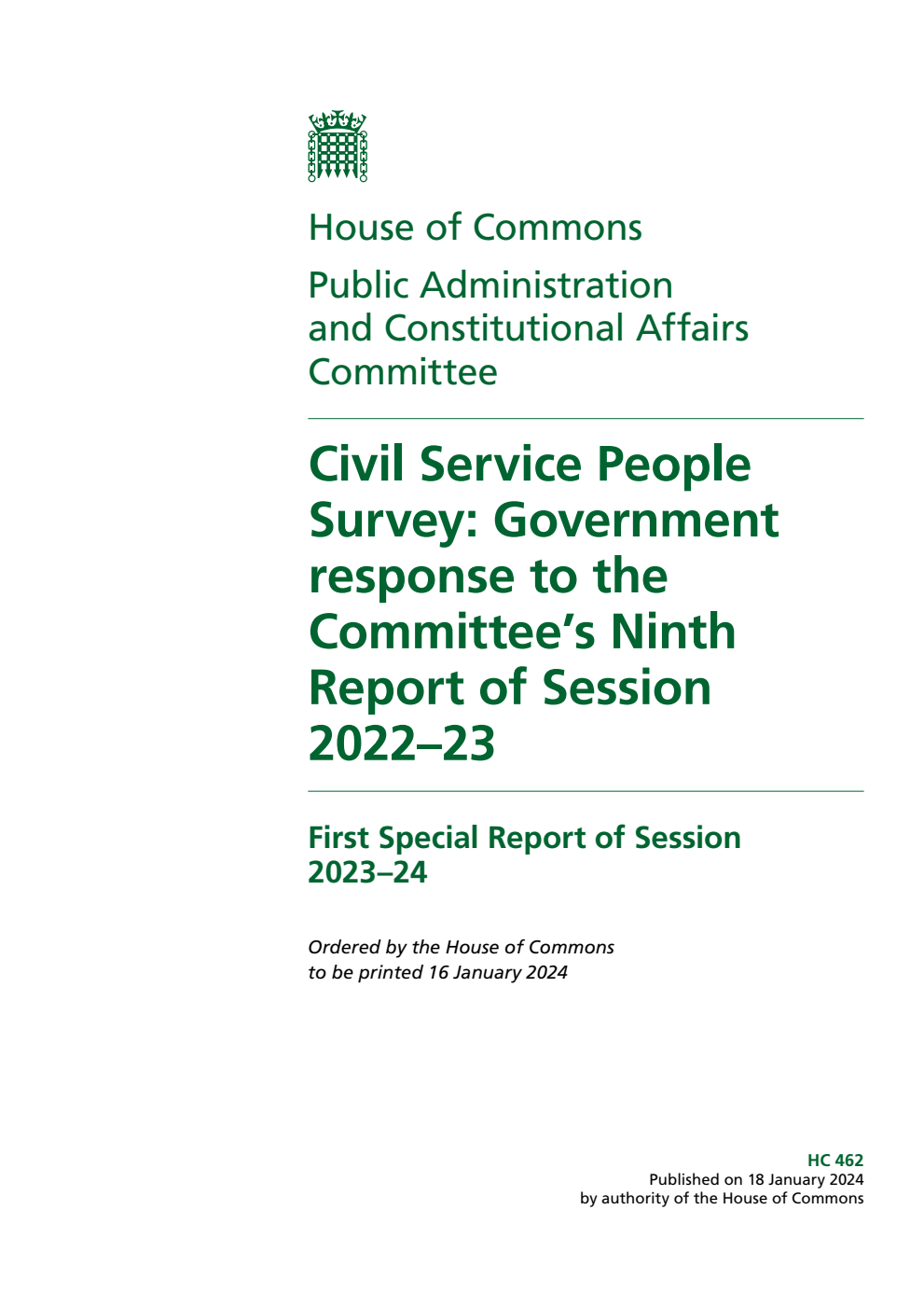 Public Administration and Constitutional Affairs Committee 1st Special Report. Civil Service People Survey: Government response to the Committee’s Ninth Report of Session 2022–23