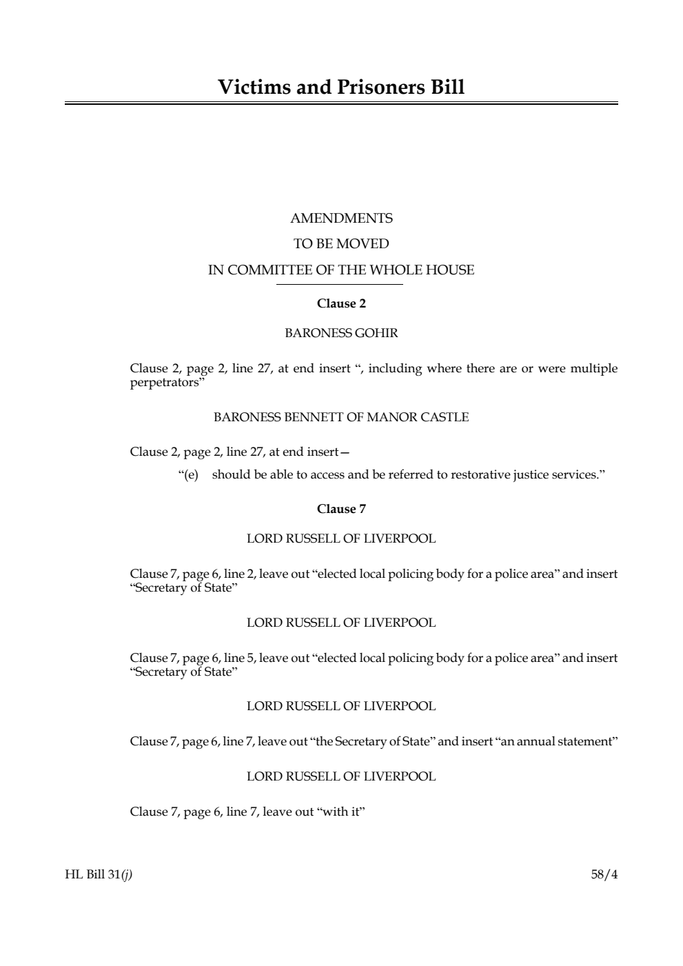 Victims and Prisoners Bill Amendments to be moved in Committee of the Whole House