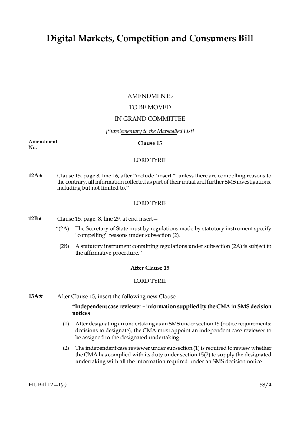 Digital Markets, Competition and Consumers Bill Amendments to be moved in Grand Committee [Supplementary to the Marshalled List]
