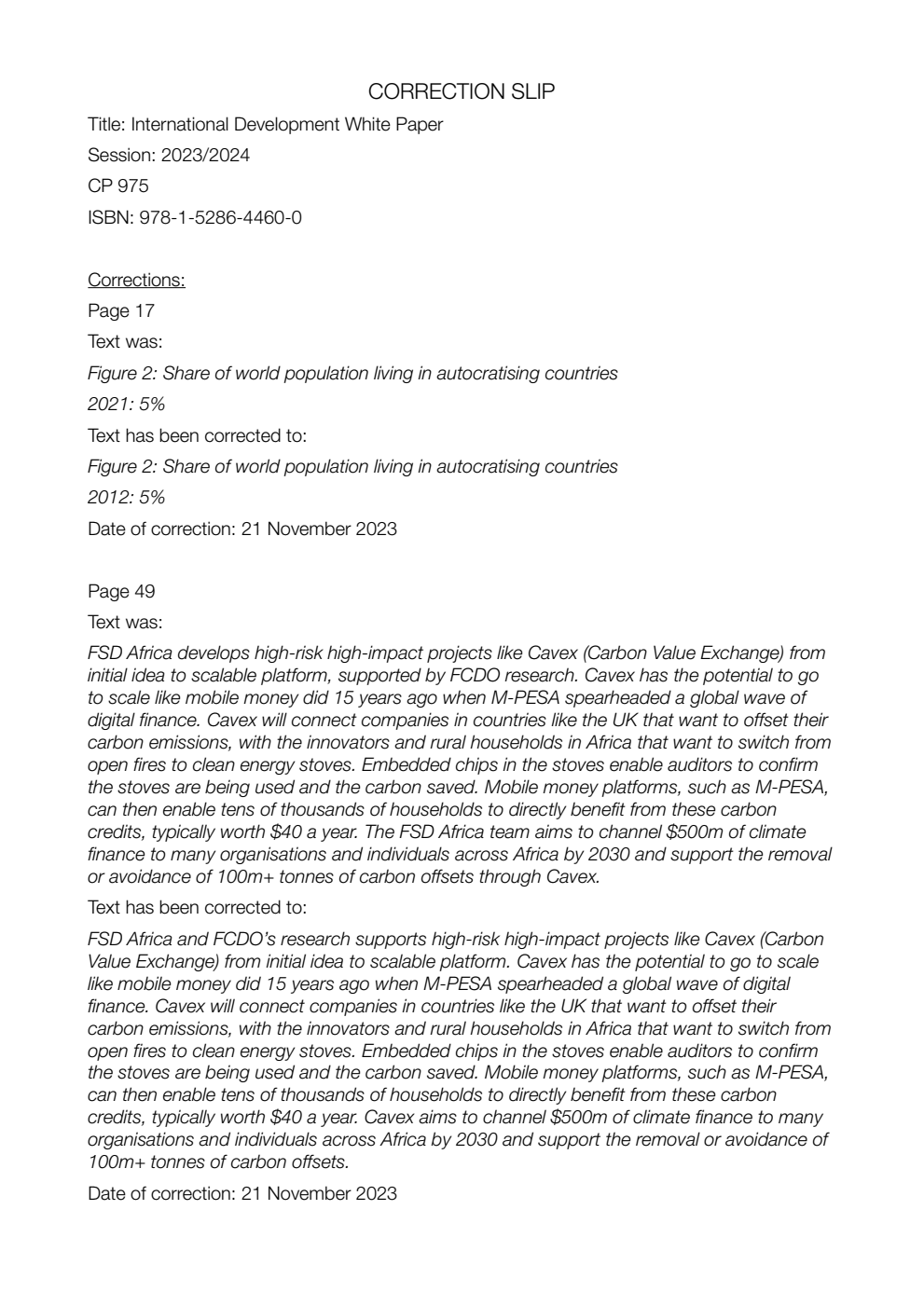 International development in a contested world: ending extreme poverty and tackling climate change. A White Paper on International Development. Correction Slip, January 2024