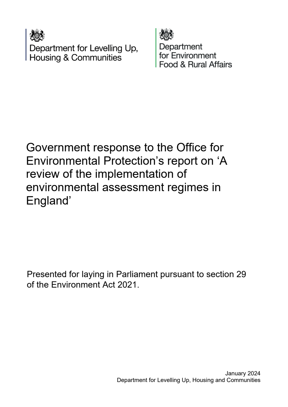 Government response to the Office for Environmental Protection’s report on ‘A review of the implementation of environmental assessment regimes in England’