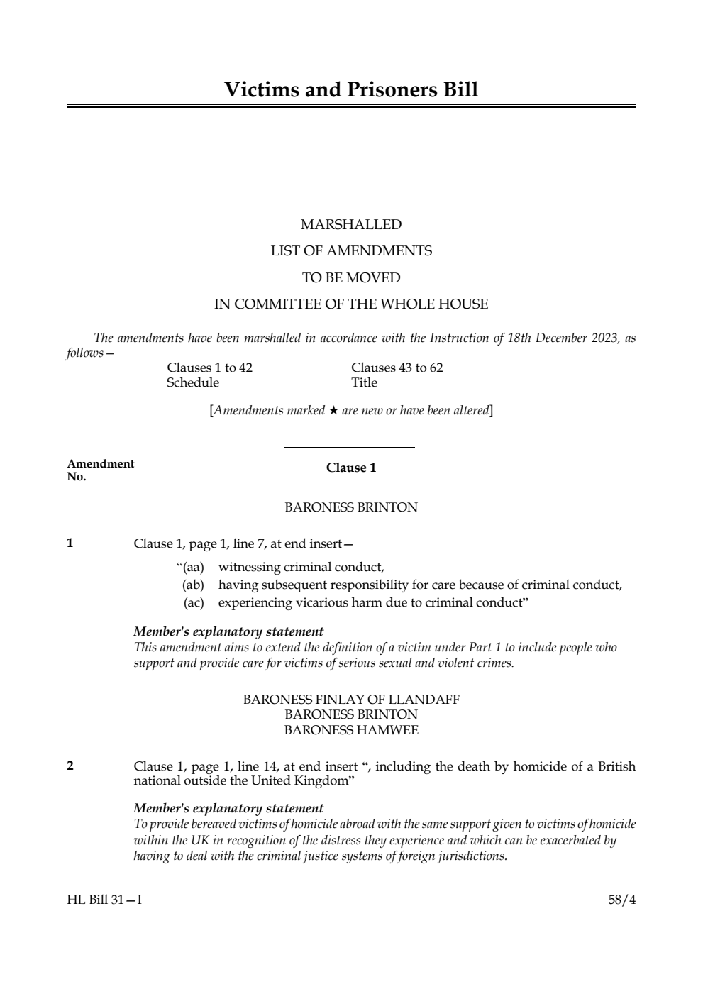 Victims and Prisoners Bill Marshalled List of amendments to be moved in Committee of the Whole House