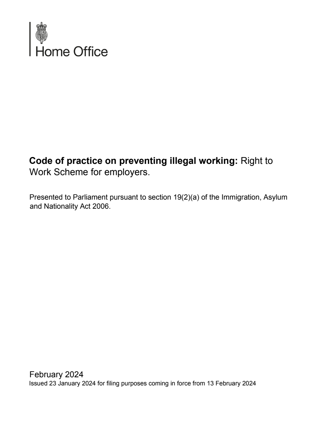 Code of practice on preventing illegal working: Right to Work Scheme for employers. January 2024