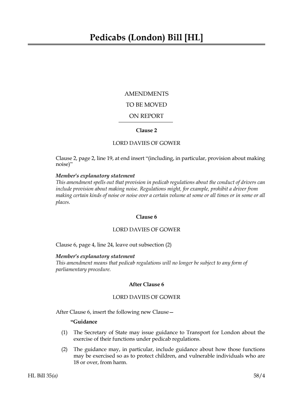 Pedicabs (London) Bill Amendments to be moved on report