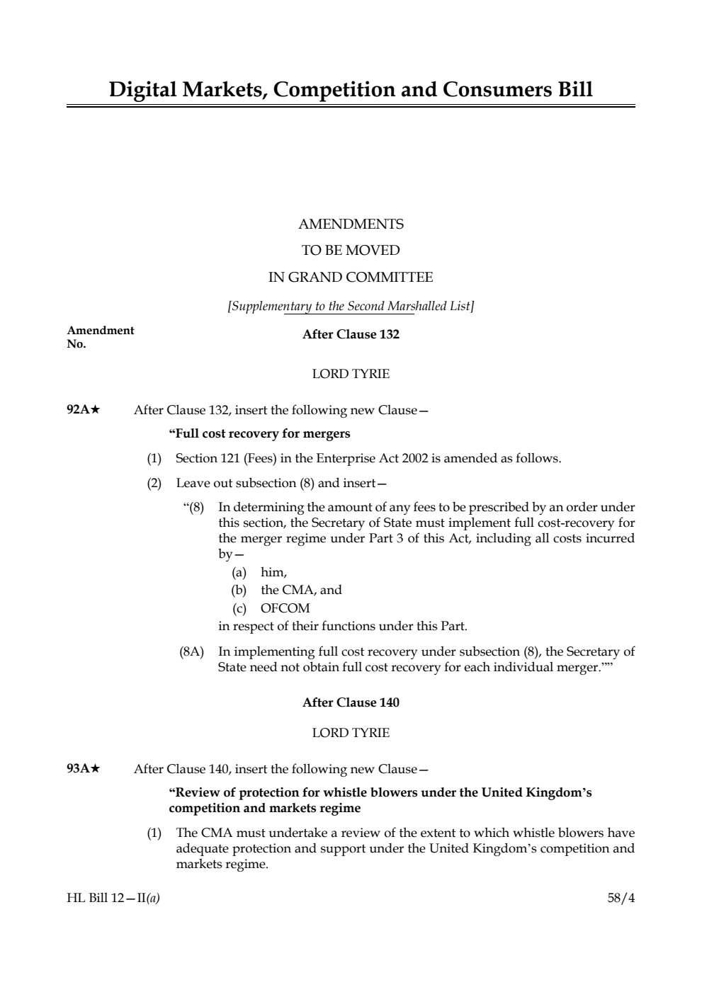 Digital Markets, Competition and Consumers Bill Amendments to be moved in Grand Committee [Supplementary to the Second Marshalled List]