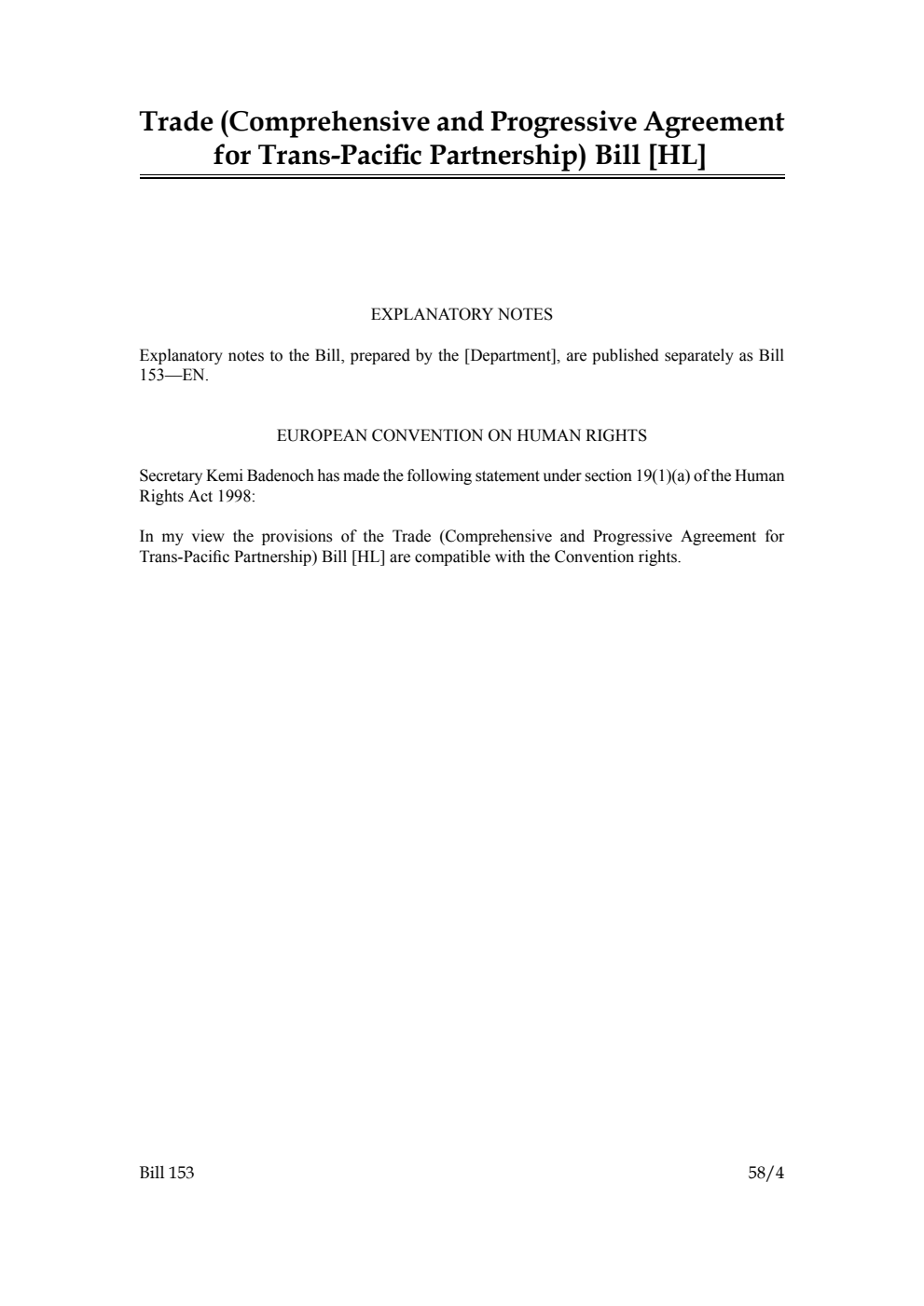 Trade (Comprehensive and Progressive Agreement for Trans-Pacific Partnership) Bill [as brought from the Lords]
