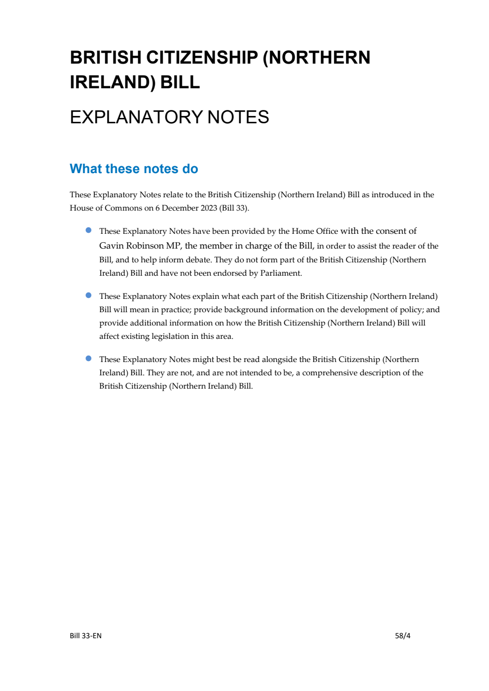 British Citizenship (Northern Ireland) Bill Explanatory Notes