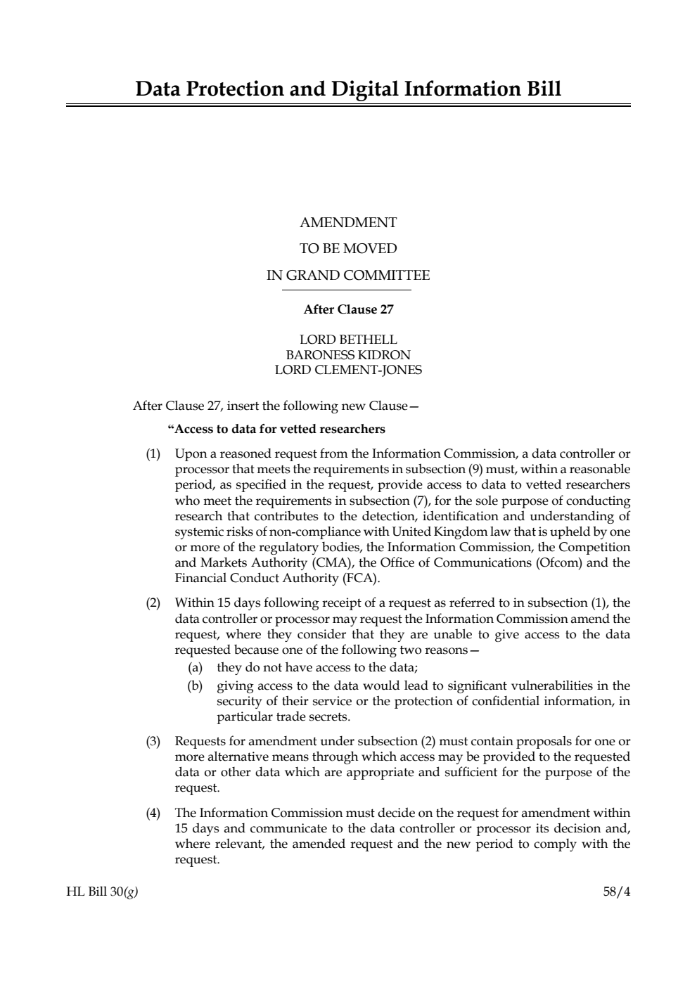 Data Protection and Digital Information Bill Amendment to be moved in Grand Committee