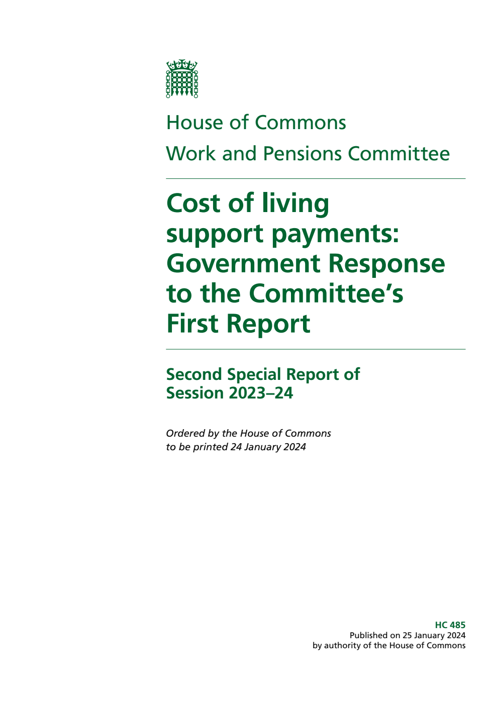 Work and Pensions Committee 2nd Special Report. Cost of living support payments: Government Response to the Committee’s First Report