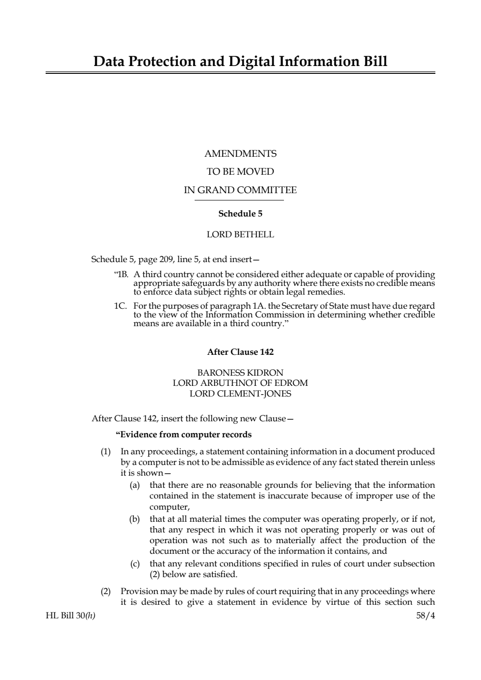 Data Protection and Digital Information Bill Amendments to be moved in Grand Committee