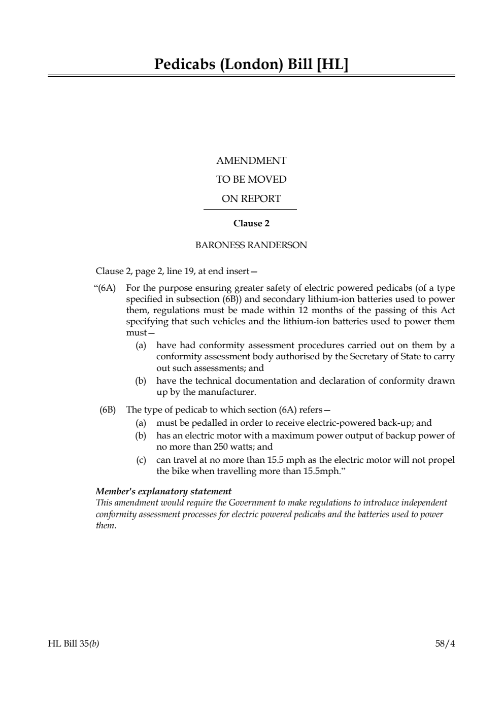 Pedicabs (London) Bill Amendment to be moved on report