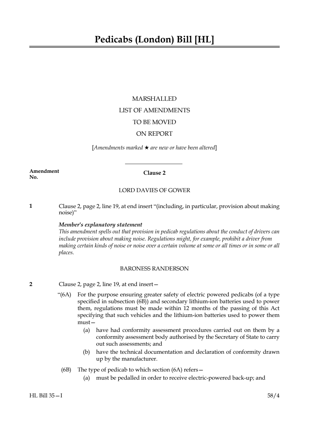 Pedicabs (London) Bill Marshalled List of amendments to be moved on report