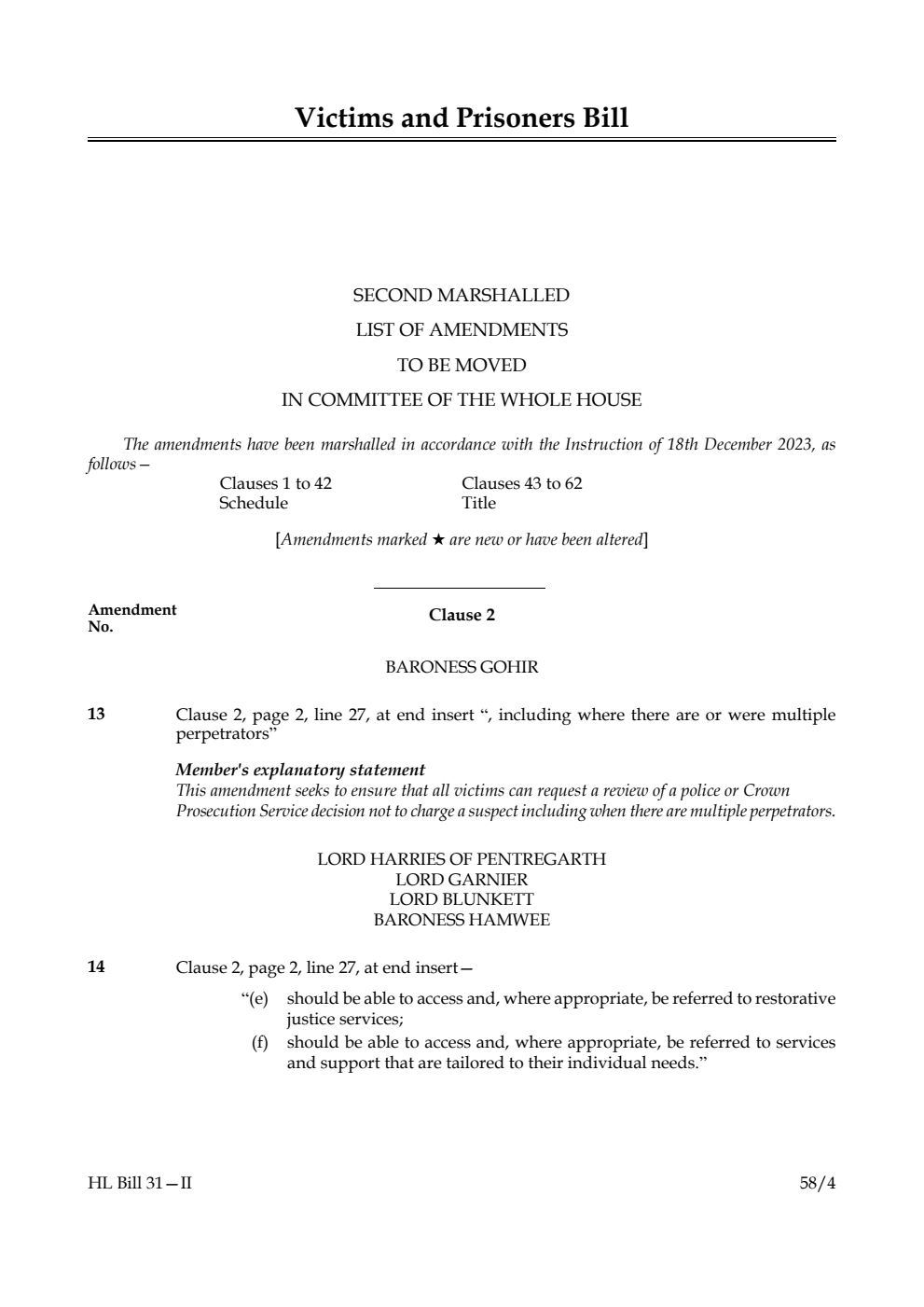Victims and Prisoners Bill Second Marshalled List of amendments to be moved in Committee of the Whole House