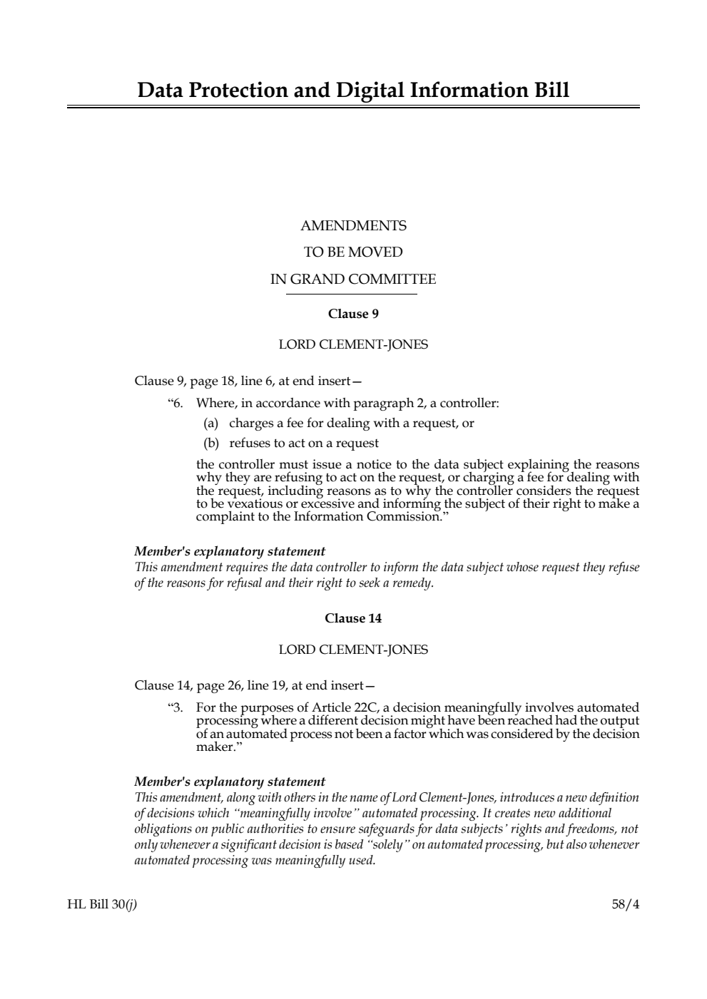 Data Protection and Digital Information Bill Amendments to be moved in Grand Committee