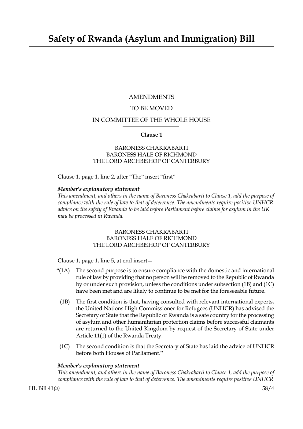 Safety of Rwanda (Asylum and Immigration) Bill Amendments to be moved in Committee of the Whole House