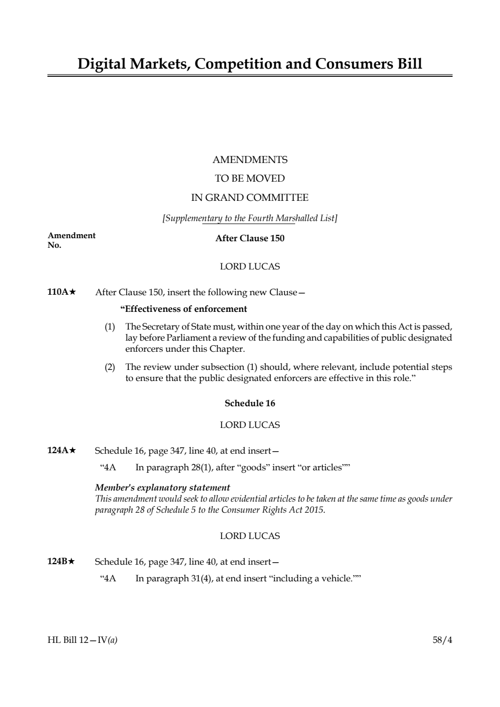Digital Markets, Competition and Consumers Bill Amendments to be moved in Grand Committee [Supplementary to the Fourth Marshalled List]