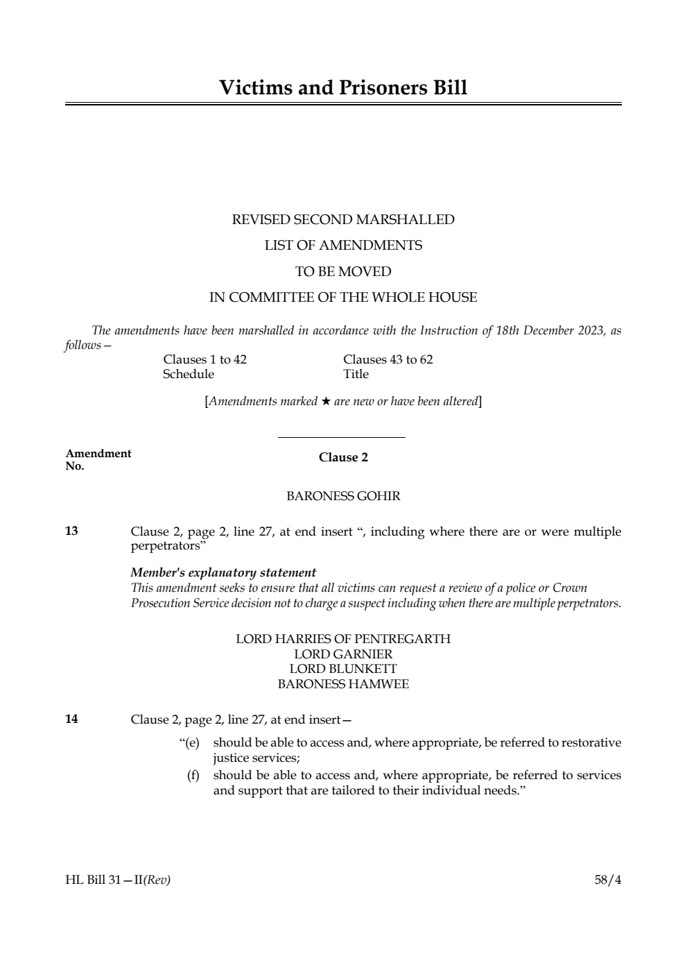 Victims and Prisoners Bill Revised Second Marshalled List of amendments to be moved in Committee of the Whole House