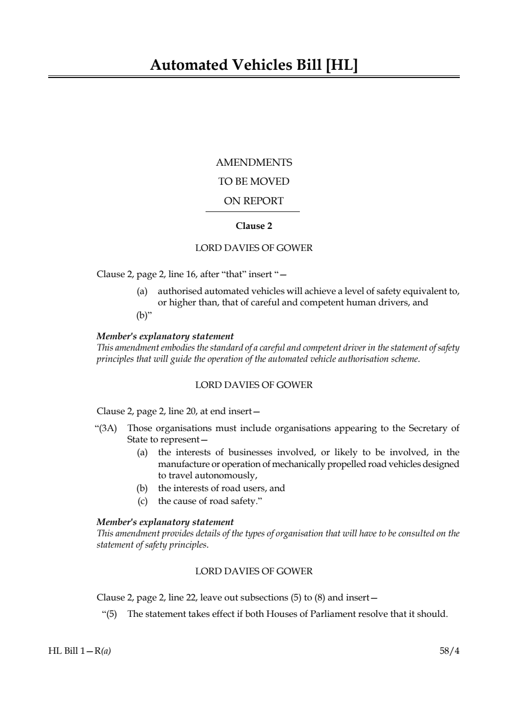 Automated Vehicles Bill Amendments to be moved on report