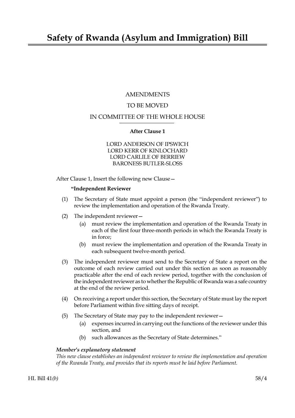Safety of Rwanda (Asylum and Immigration) Bill Amendments to be moved in Committee of the Whole House