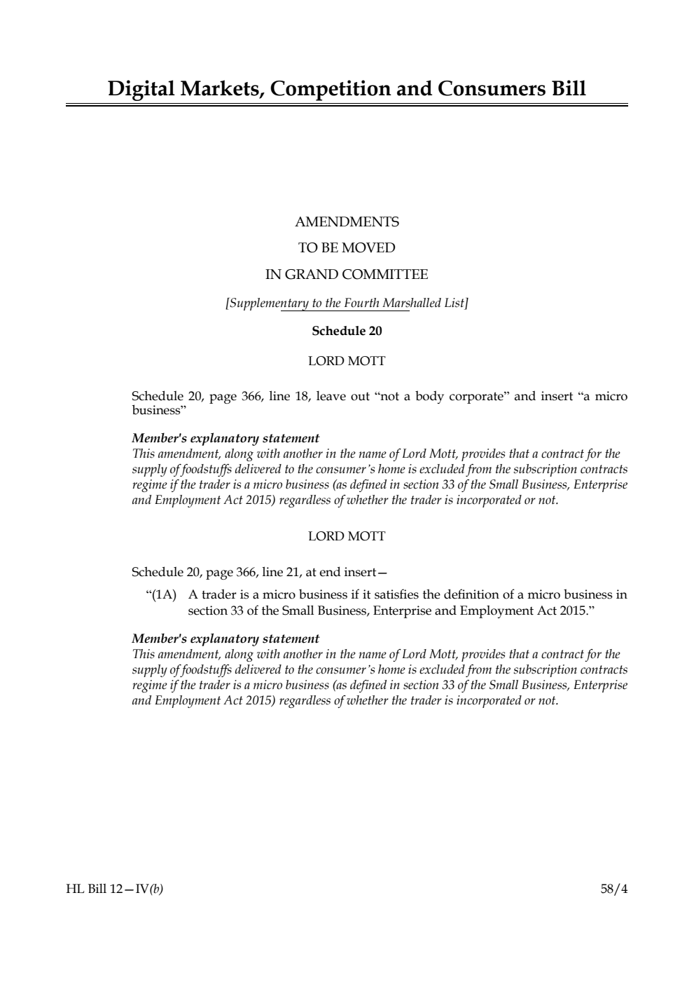 Digital Markets, Competition and Consumers Bill Amendments to be moved in Grand Committee [Supplementary to the Fourth Marshalled List]