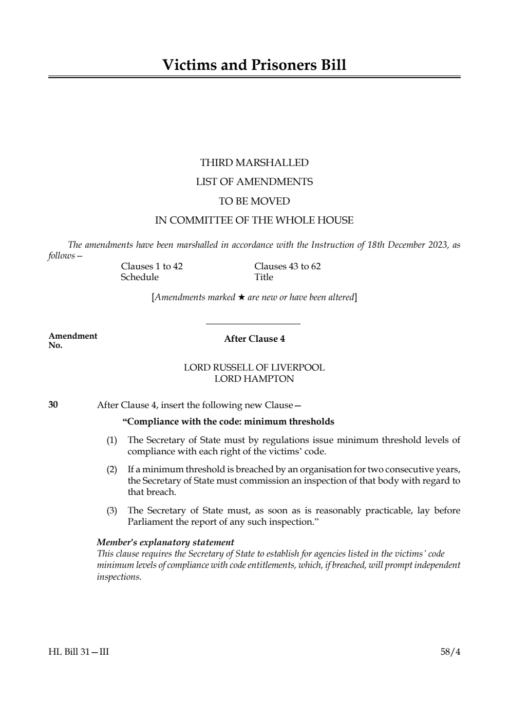 Victims and Prisoners Bill Third Marshalled List of amendments to be moved in Committee of the Whole House