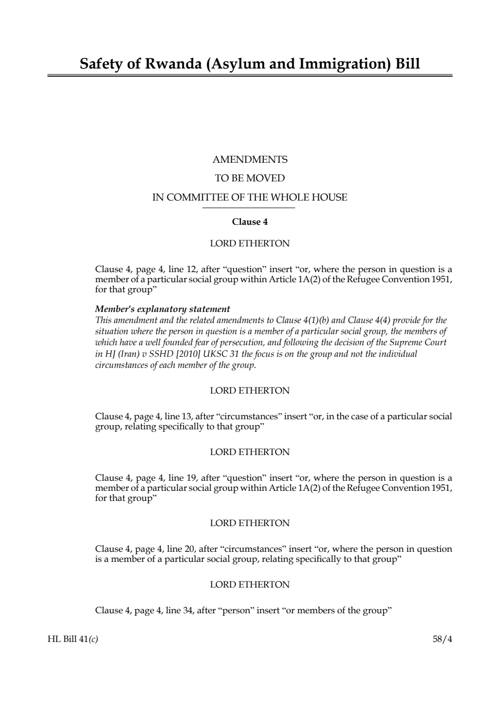 Safety of Rwanda (Asylum and Immigration) Bill Amendments to be moved in Committee of the Whole House