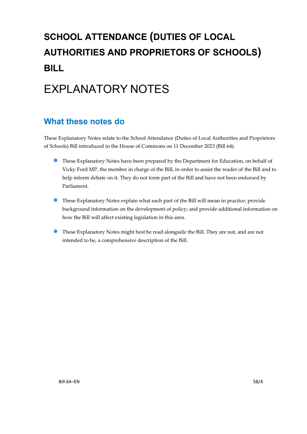 School Attendance (Duties of Local Authorities and Proprietors of Schools) Bill Explanatory Notes