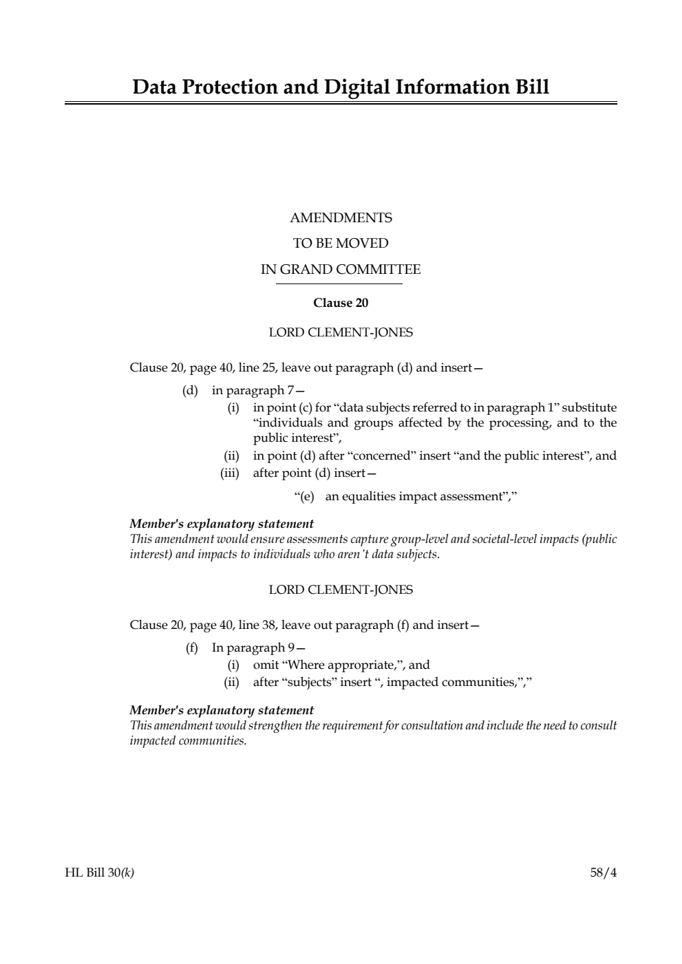 Data Protection and Digital Information Bill Amendments to be moved in Grand Committee