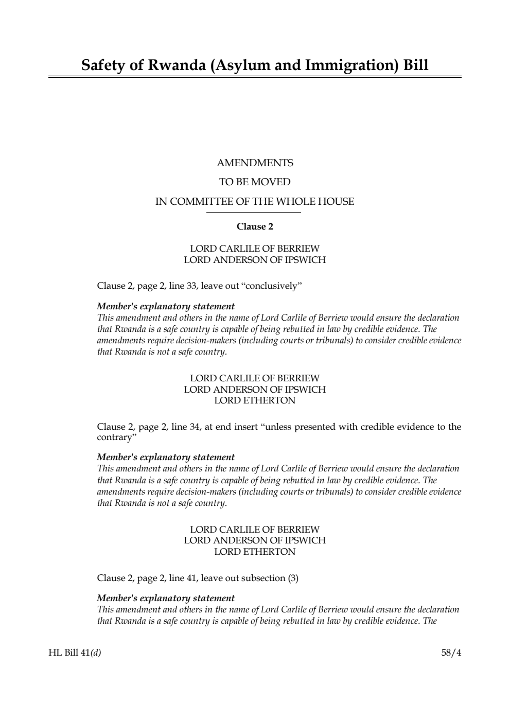 Safety of Rwanda (Asylum and Immigration) Bill Amendments to be moved in Committee of the Whole House