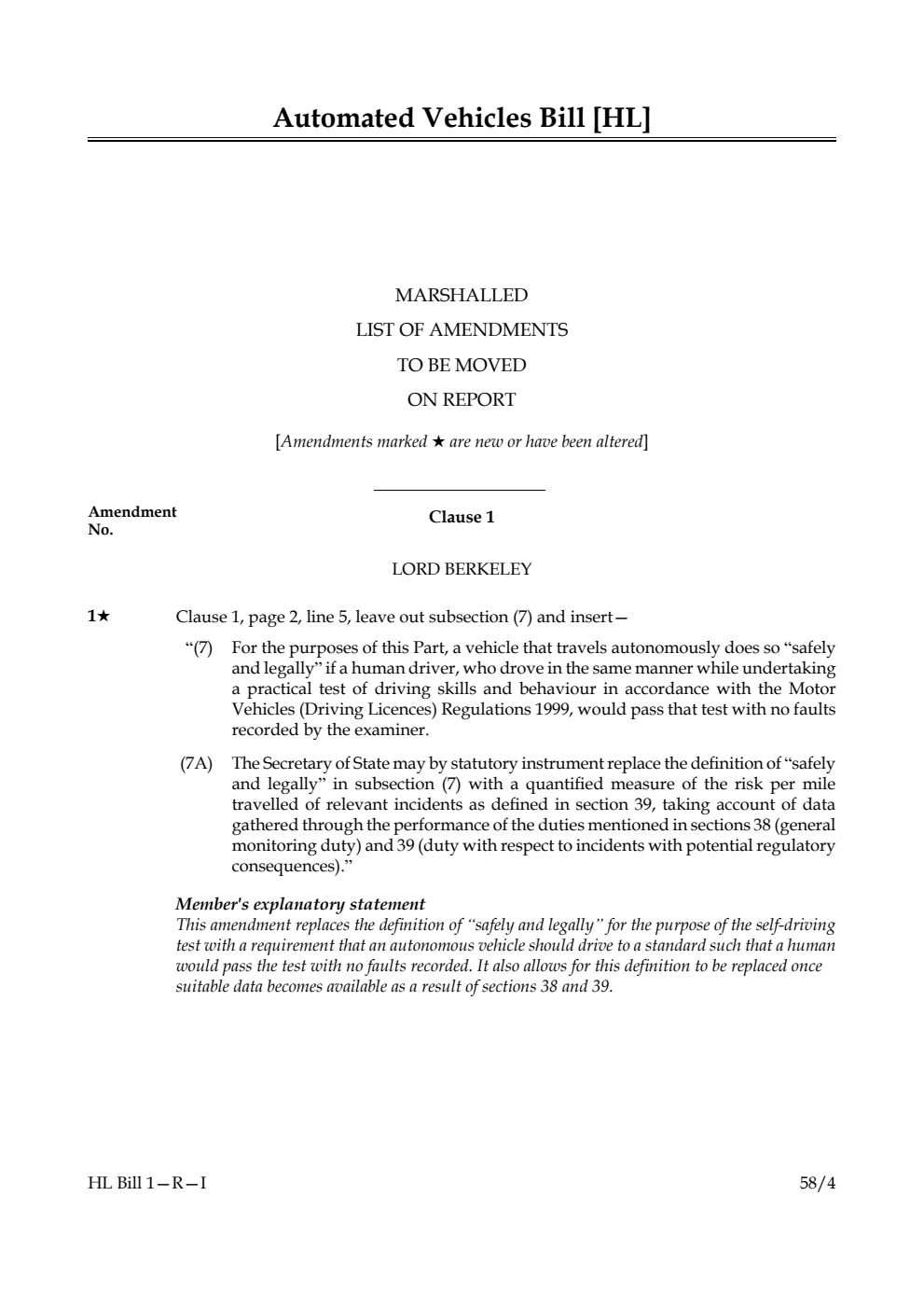 Automated Vehicles Bill Marshalled List of amendments to be moved on report