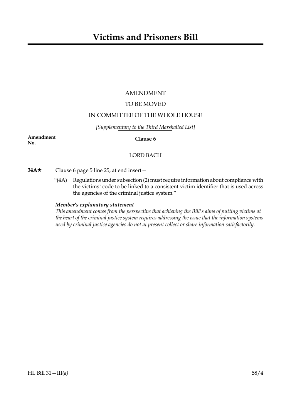 Victims and Prisoners Bill Amendment to be moved in Committee of the Whole House [Supplementary to the Third Marshalled List]
