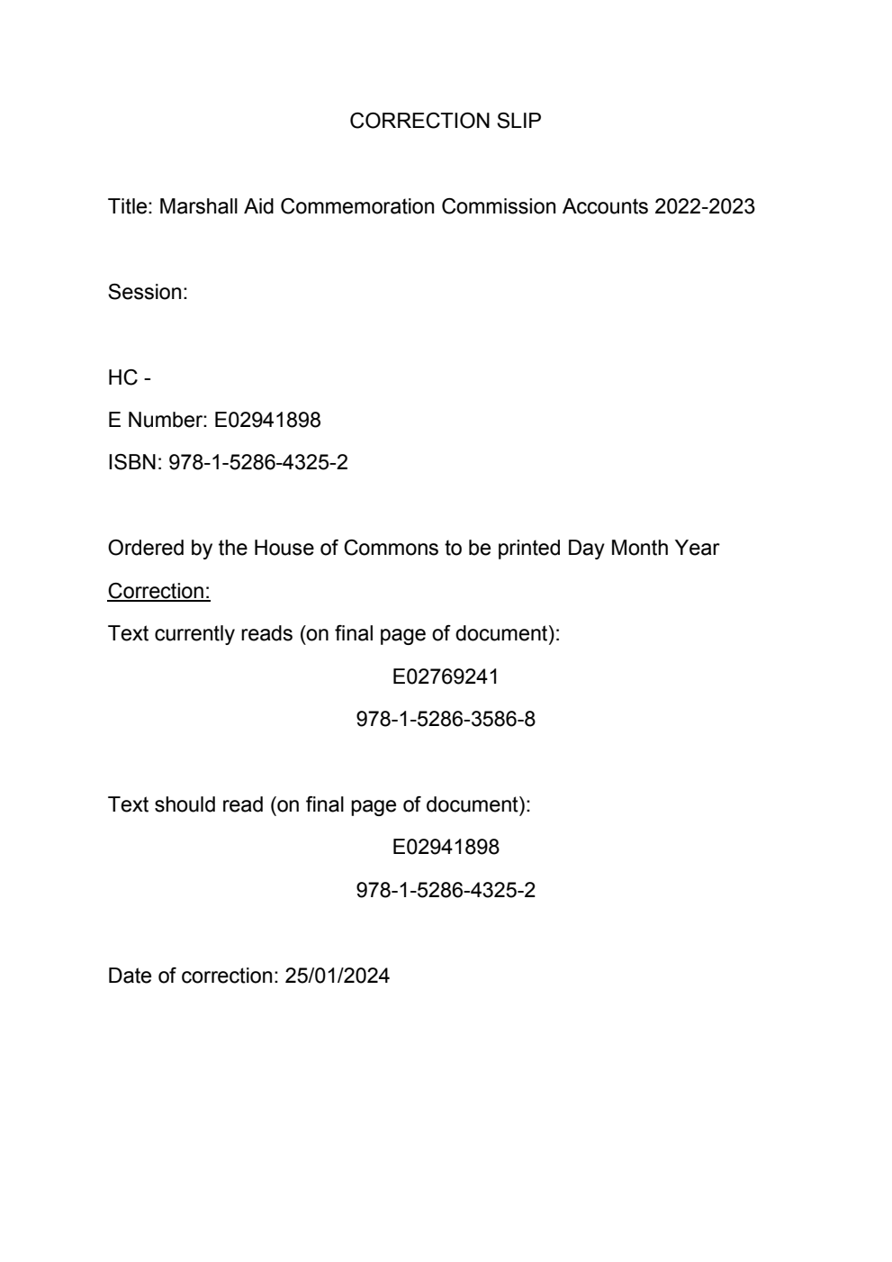 Marshall Aid Commemoration Commission Accounts 2022/23. Correction Slip, February 2024