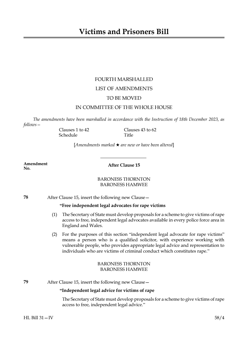 Victims and Prisoners Bill Fourth Marshalled List of amendments to be moved in Committee of the Whole House