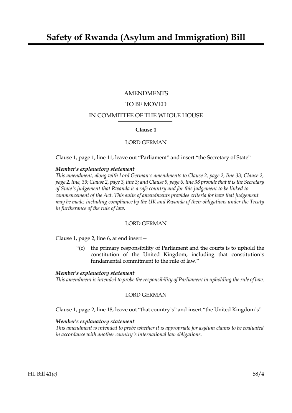 Safety of Rwanda (Asylum and Immigration) Bill Amendments to be moved in Committee of the Whole House