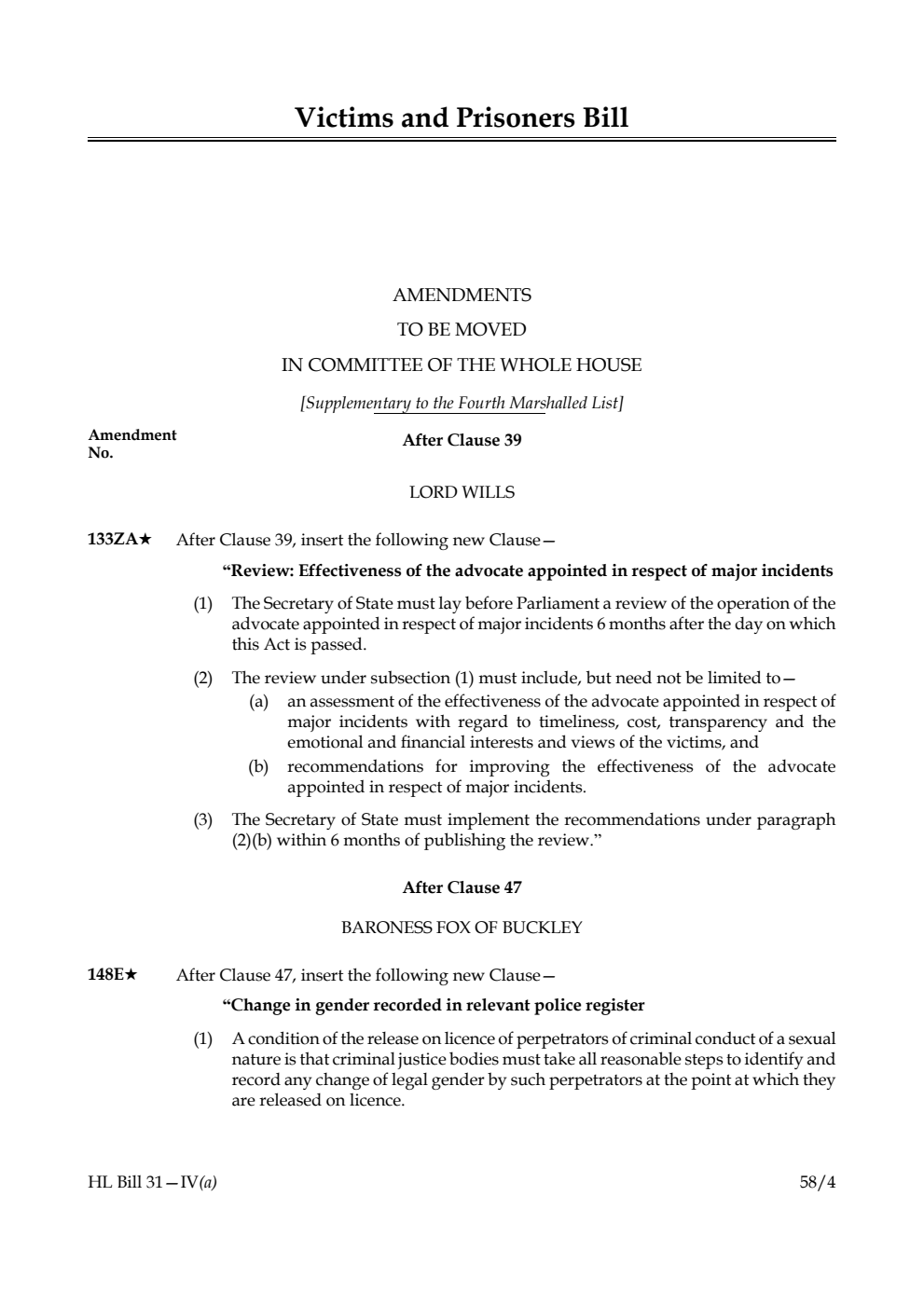 Victims and Prisoners Bill Amendments to be moved in Committee of the Whole House [Supplementary to the Fourth Marshalled List]