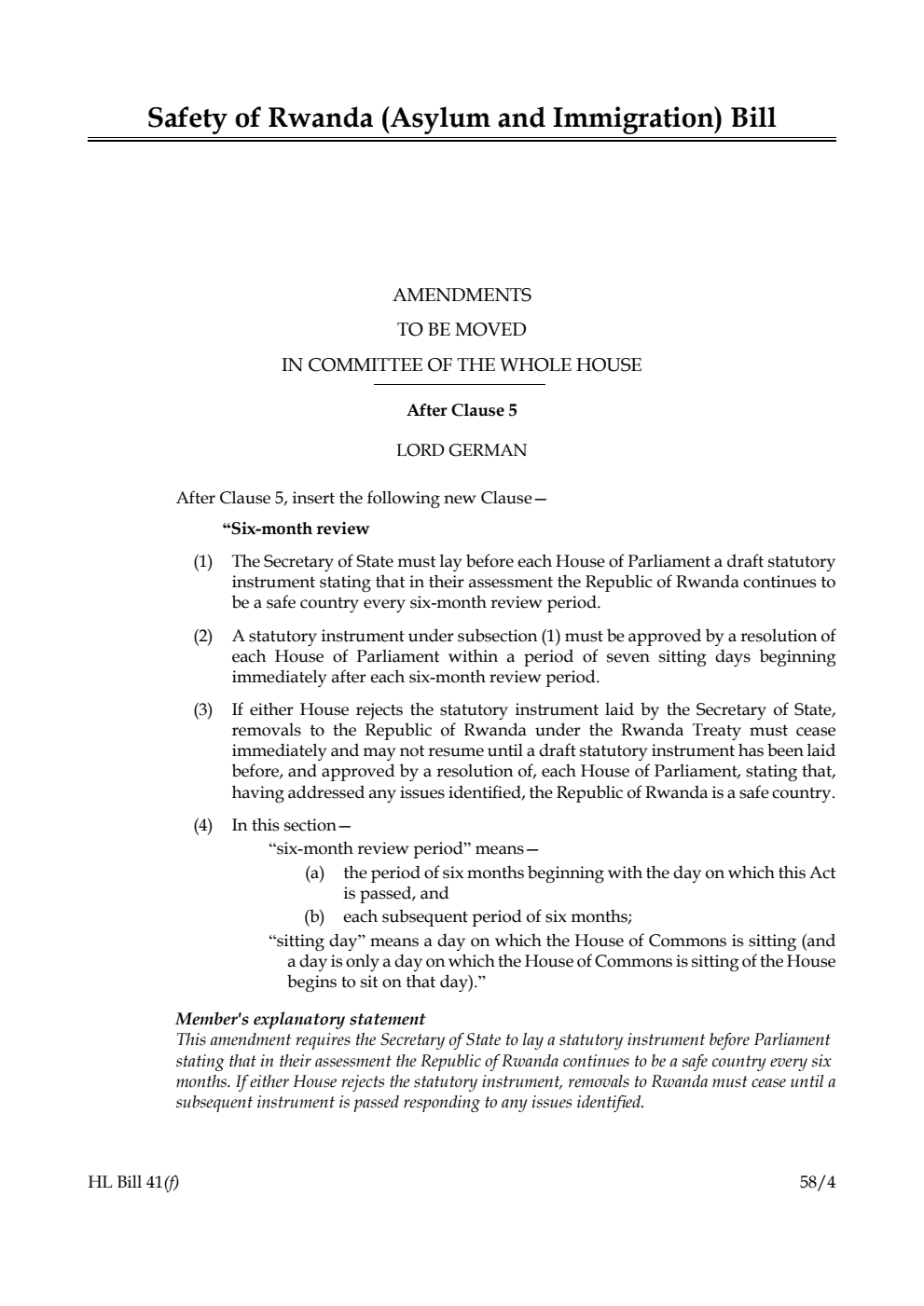 Safety of Rwanda (Asylum and Immigration) Bill Amendments to be moved in Committee of the Whole House