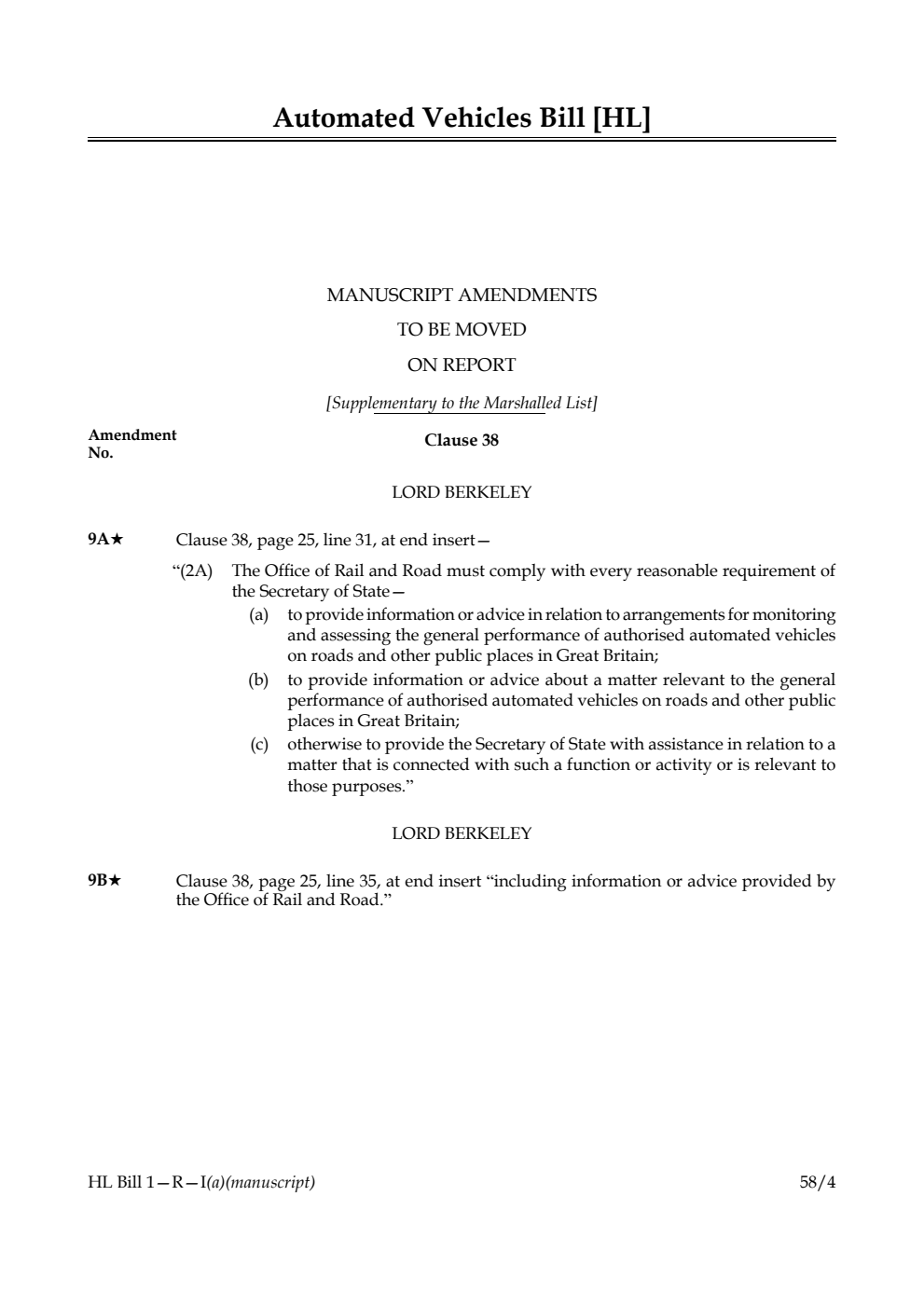 Automated Vehicles Bill Manuscript Amendments to be moved on report [Supplementary to the Marshalled List]