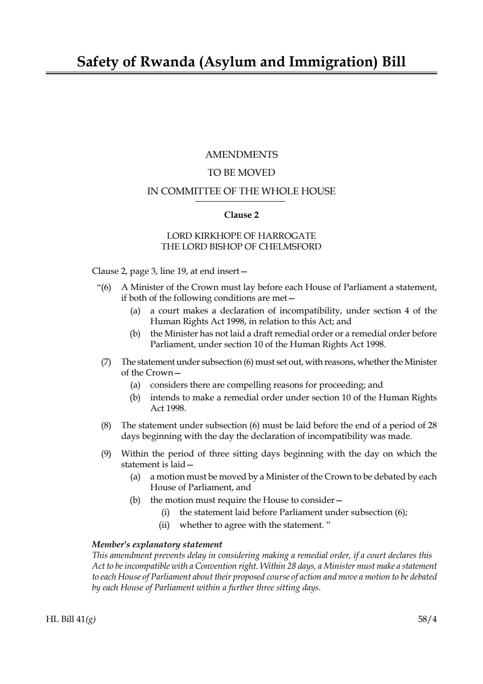 Safety of Rwanda (Asylum and Immigration) Bill Amendments to be moved in Committee of the Whole House